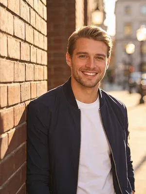 White man smiling outdoors in golden-hour city portrait for dating profile.