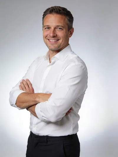 White man standing studio portrait for branding photos for website and social