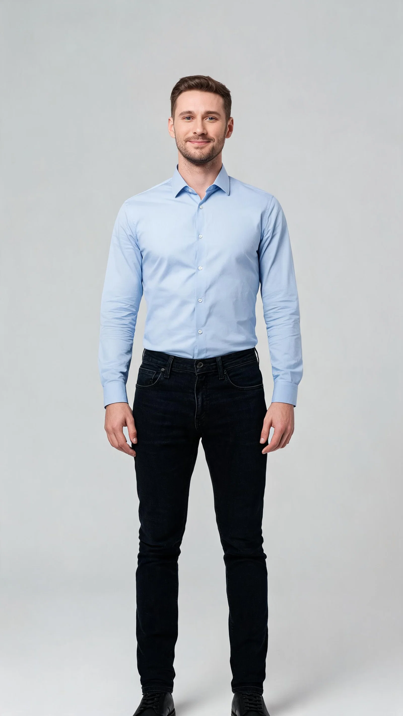 White man studio full-body portrait with confident posture, looksmaxxing photoshoot alternative