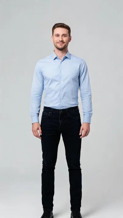 White man studio full-body portrait with confident posture, looksmaxxing photoshoot alternative