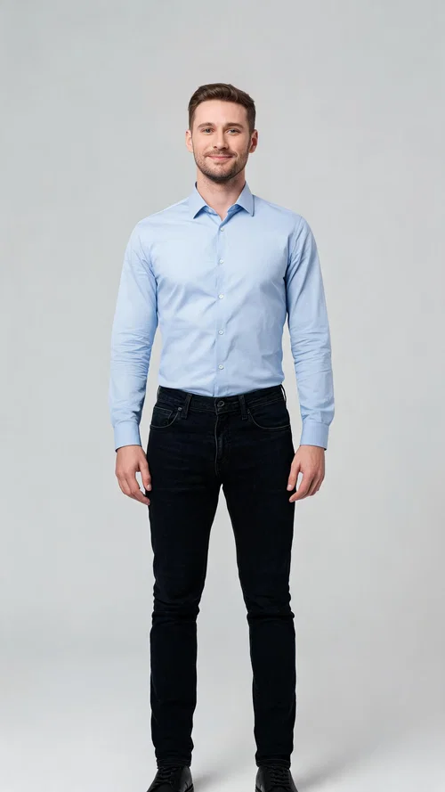 White man studio full-body portrait with confident posture, looksmaxxing photoshoot alternative