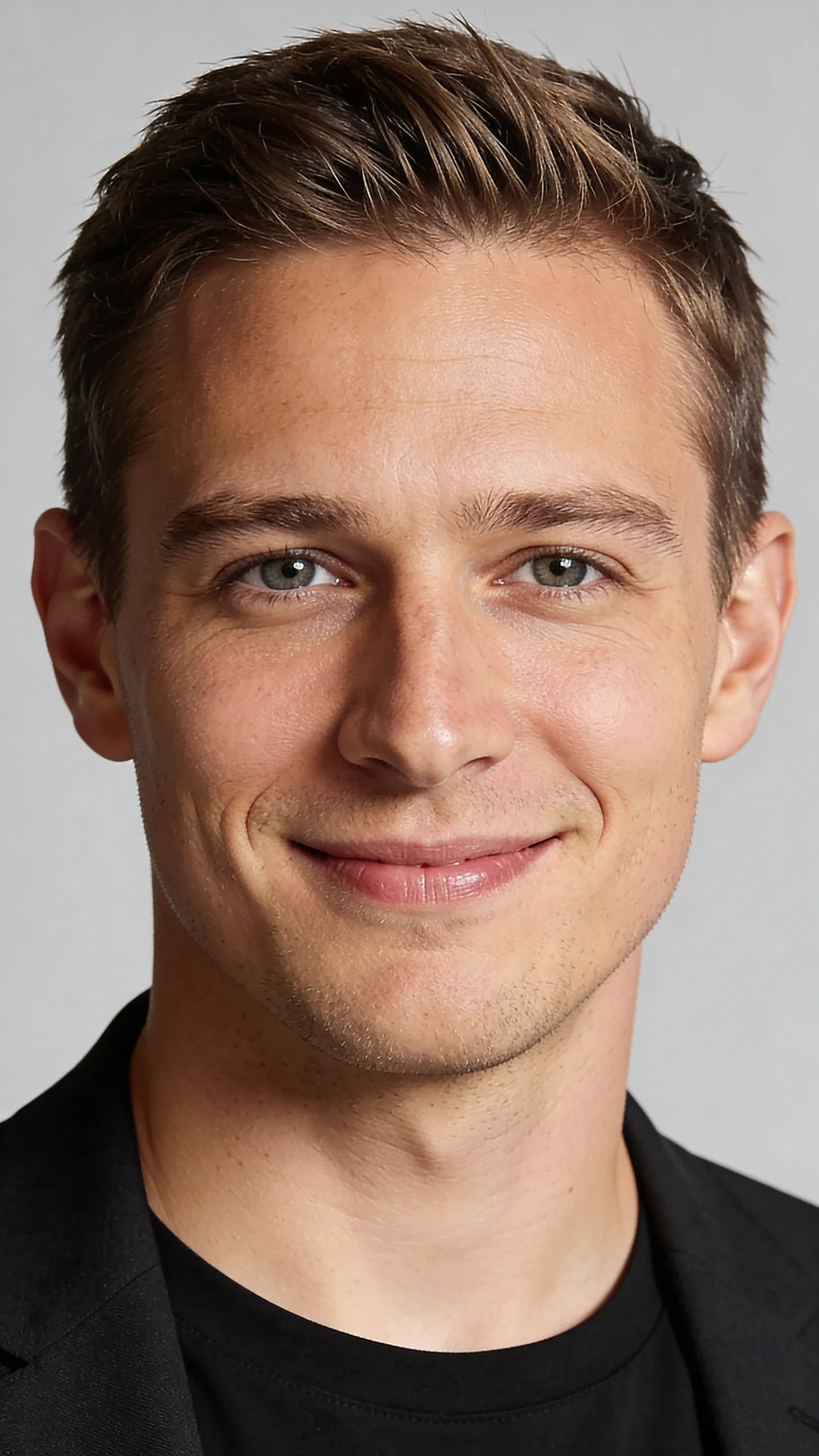 White man studio headshot on gray background, friendly trustworthy smile