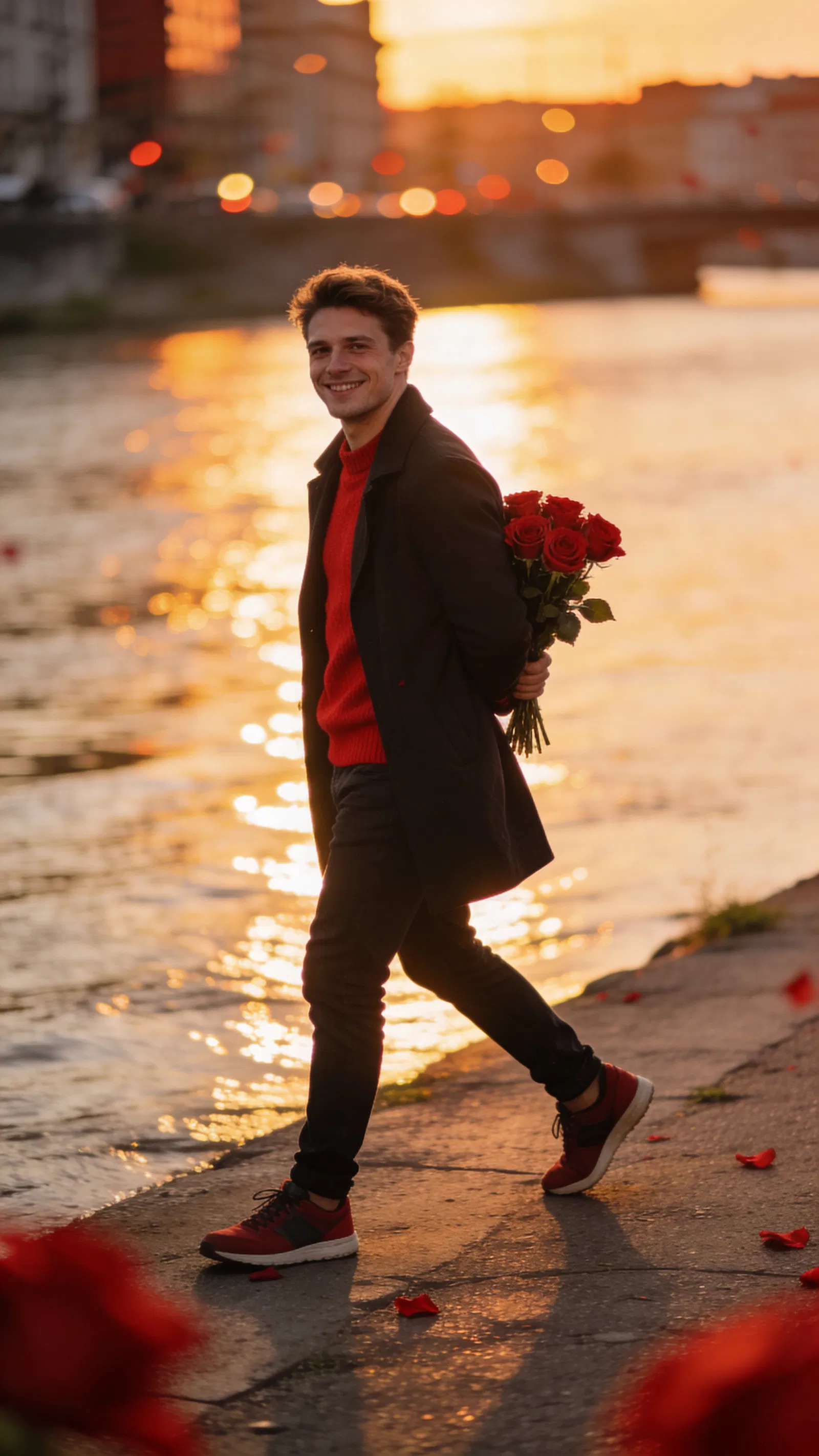White man walking by river at sunset hiding a bouquet, playful smile.