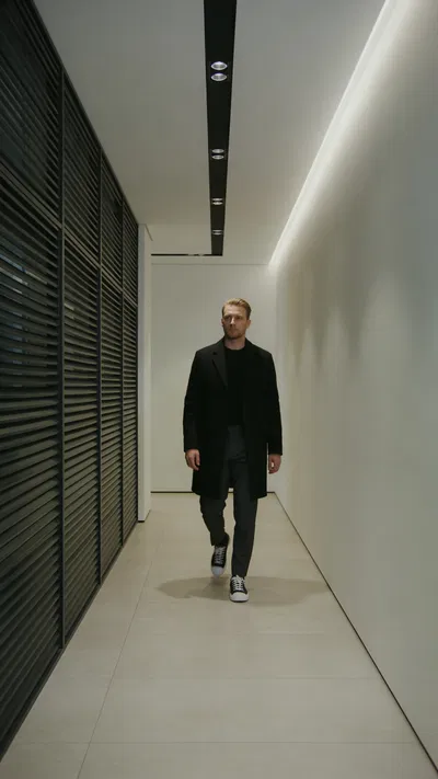White man walking in modern hallway full-body editorial photo