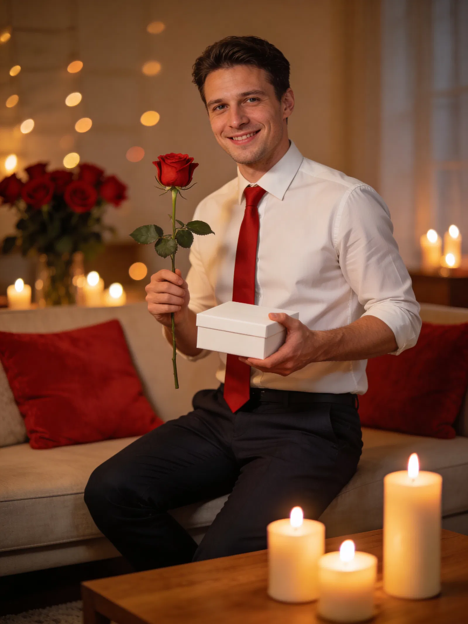 White man with rose and gift box in warm candlelit room.