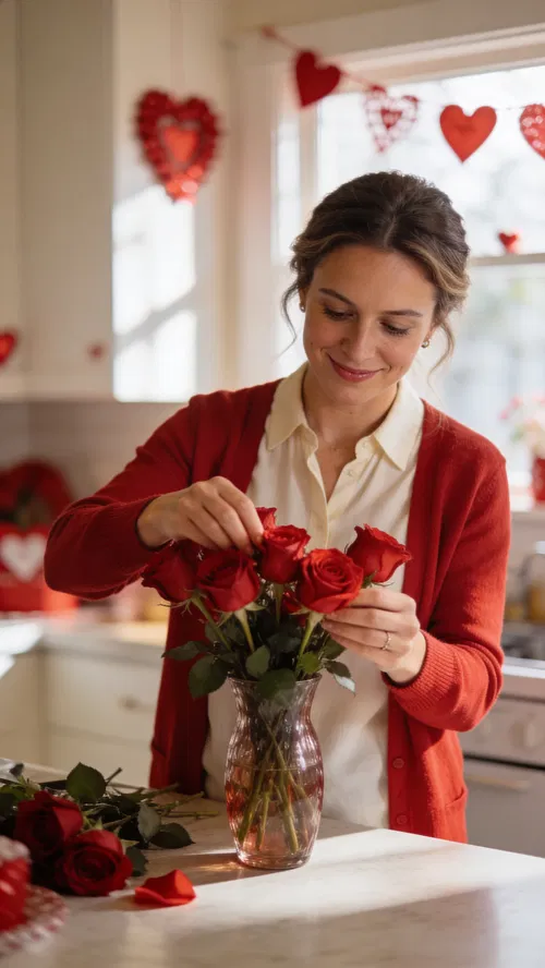 White woman arranging red roses at home in bright natural light.