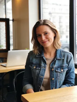 White woman at café with laptop in lifestyle profile portrait