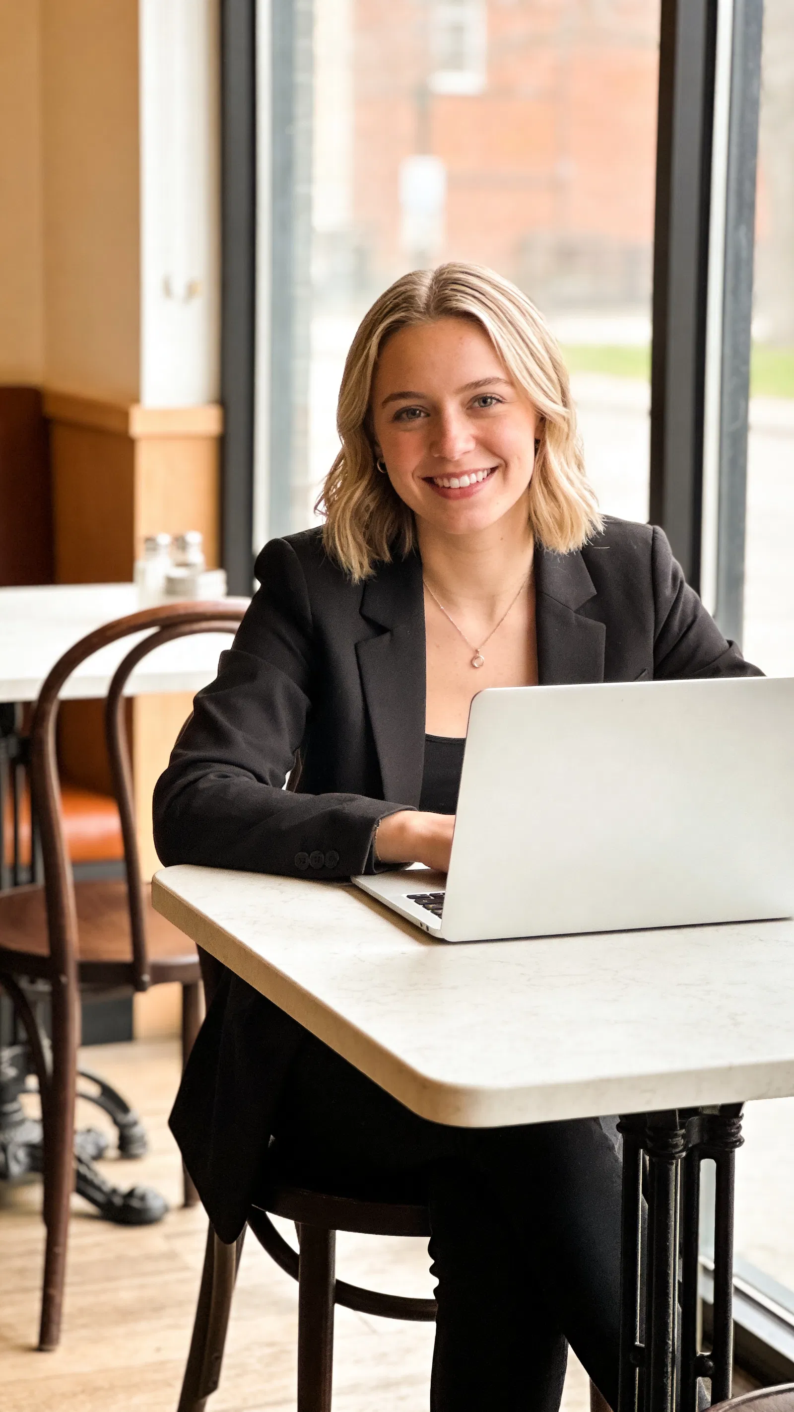 White woman at café with laptop, modern professional half-body headshot