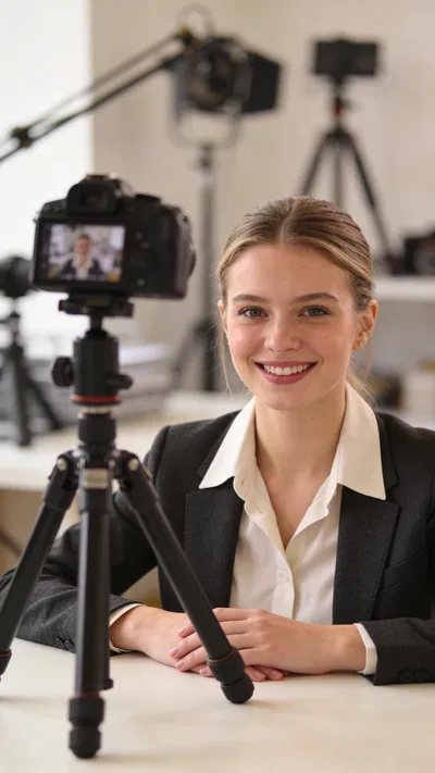 White woman at creator desk half-body portrait for personal brand photos