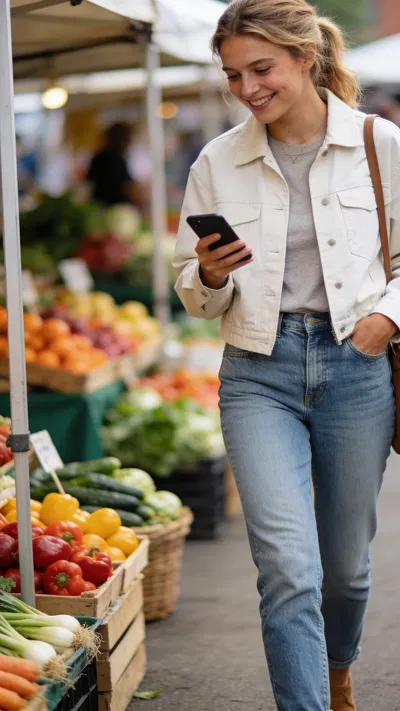 White woman at market lifestyle shot, natural creator content photo
