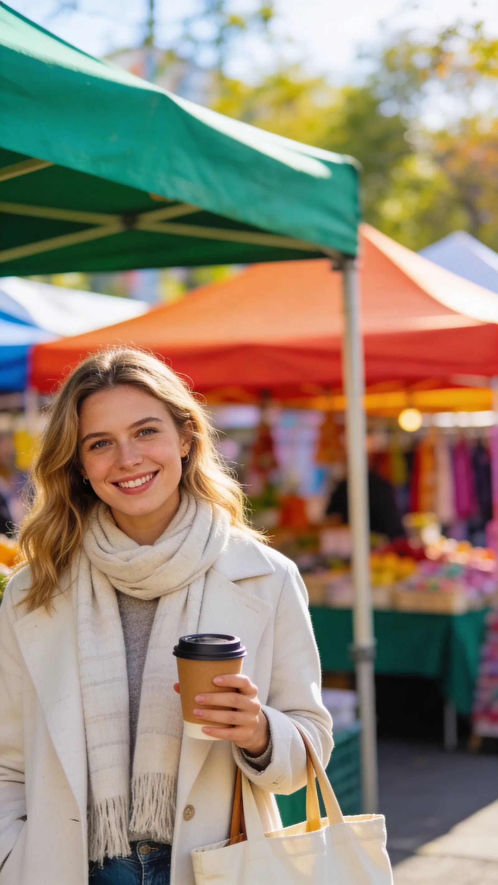 White woman at outdoor market with coffee, friendly half-body dating app photo.