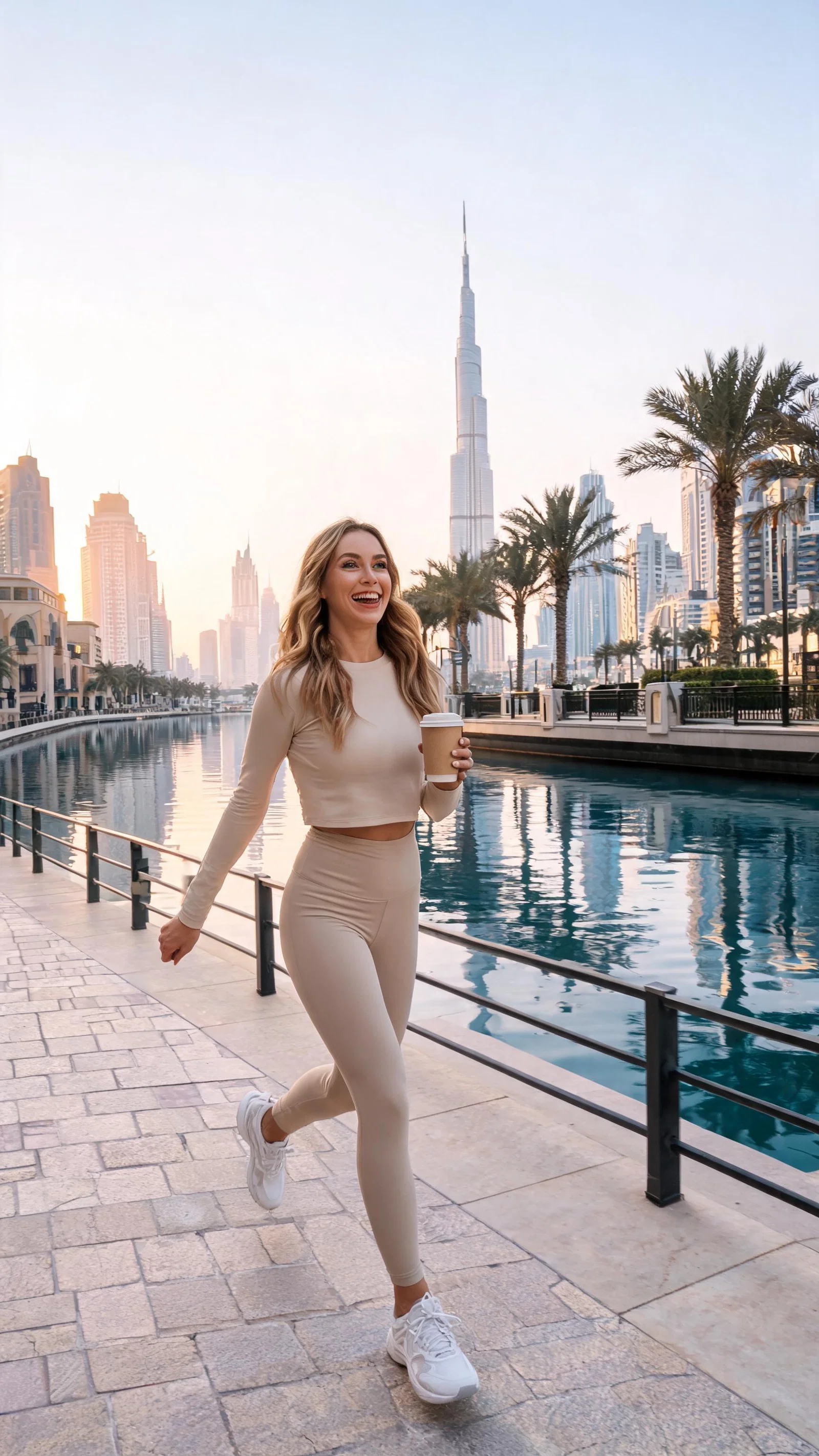 White woman athleisure morning walk portrait along Dubai canal promenade