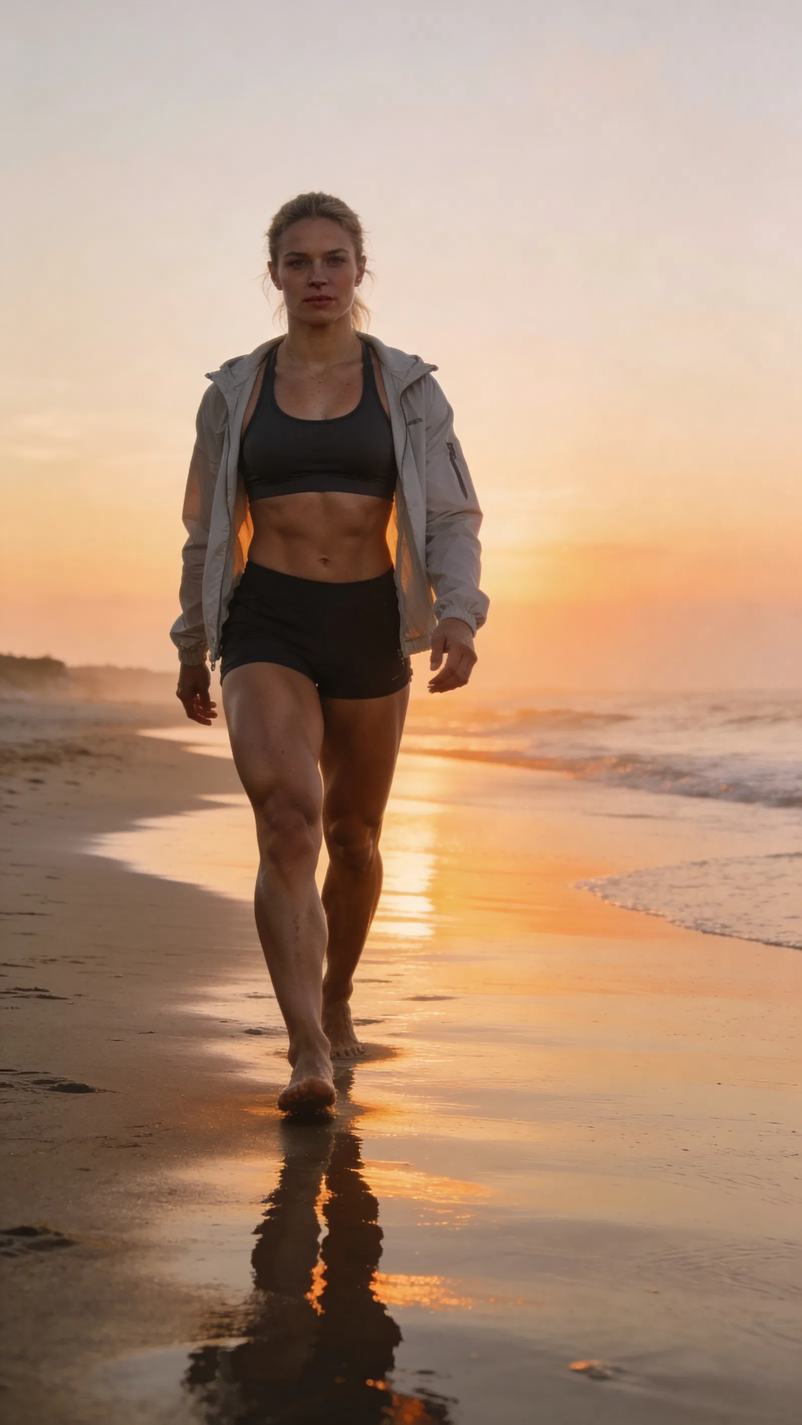 White woman bodybuilder full-body beach sunrise portrait walking confidently