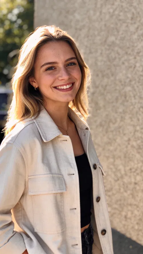 White woman by textured wall in sunlight, friendly social profile portrait