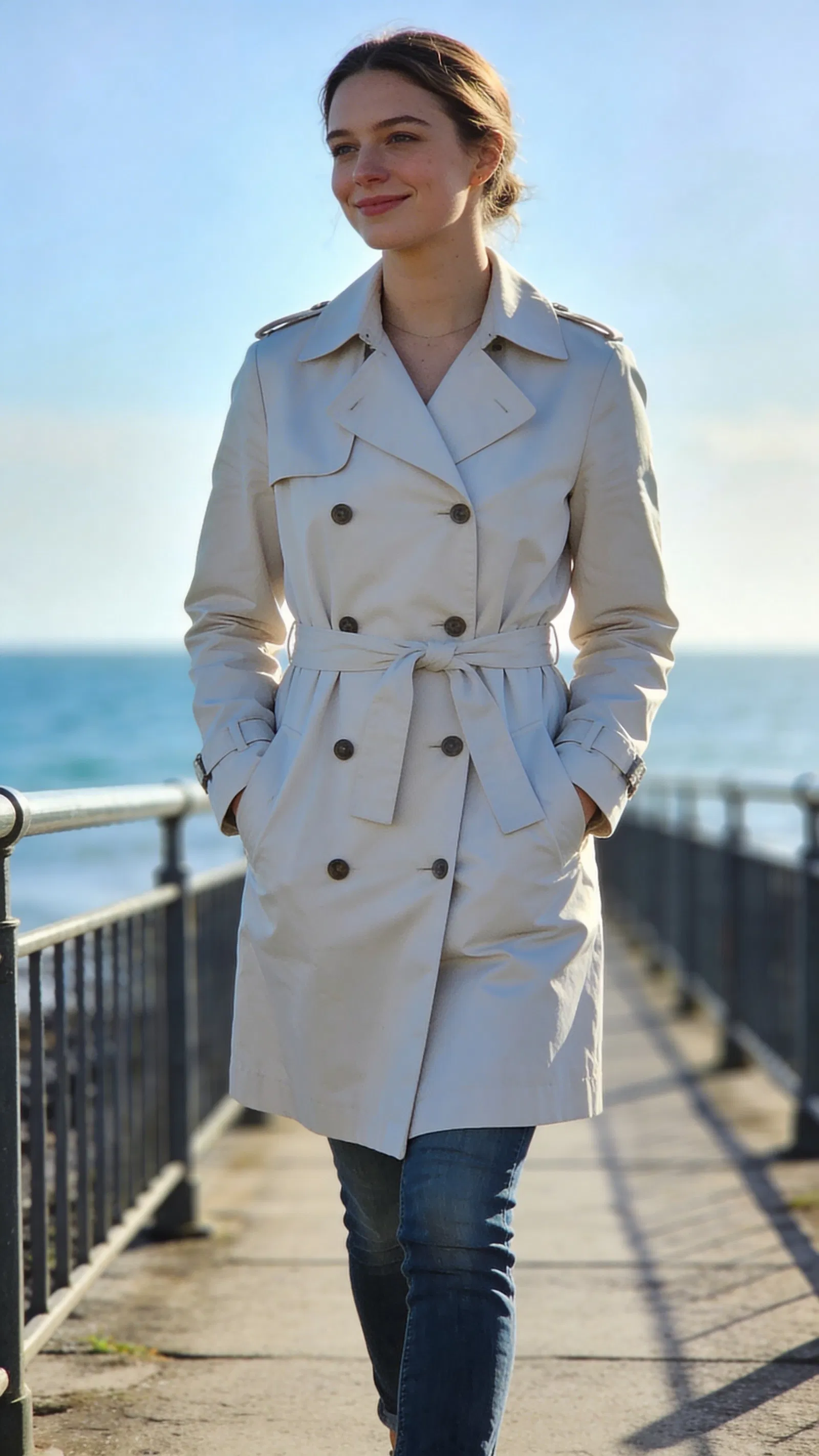White woman coastal full-body portrait with crisp natural light