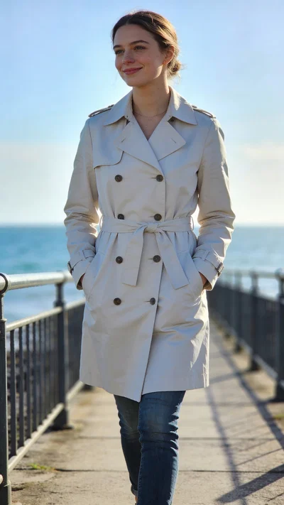 White woman coastal full-body portrait with crisp natural light