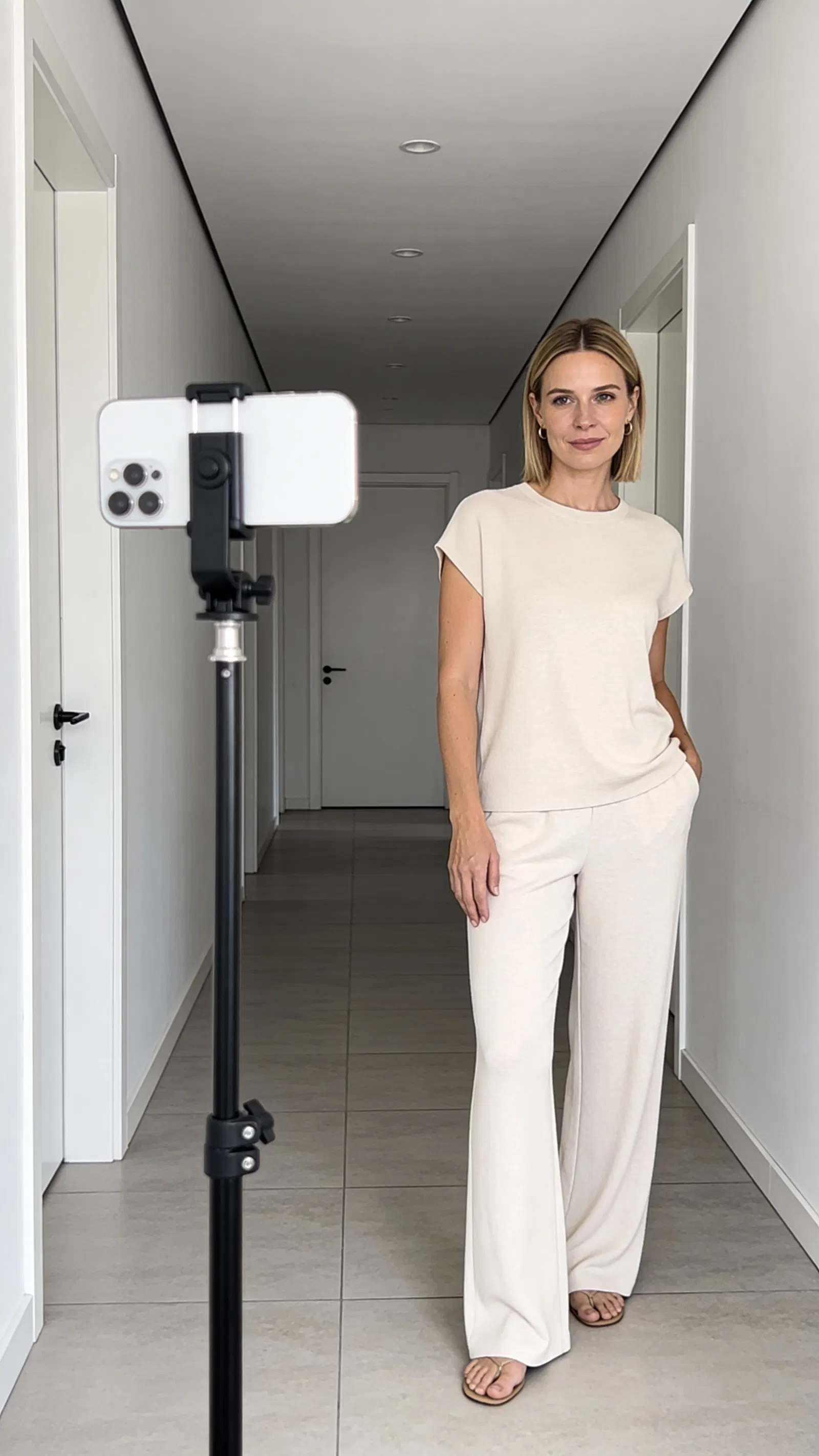 White woman creating consistent before-and-after style photos with a tripod