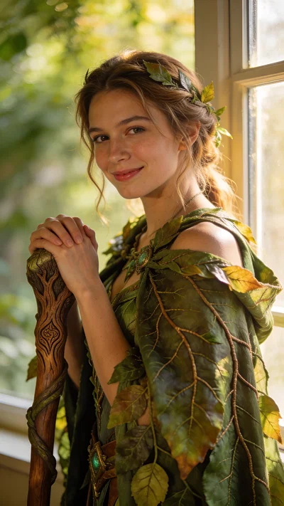 White woman druid cosplay half-body by window with natural light.