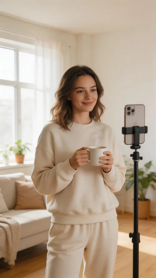White woman filming morning routine mini vlog in bright living room