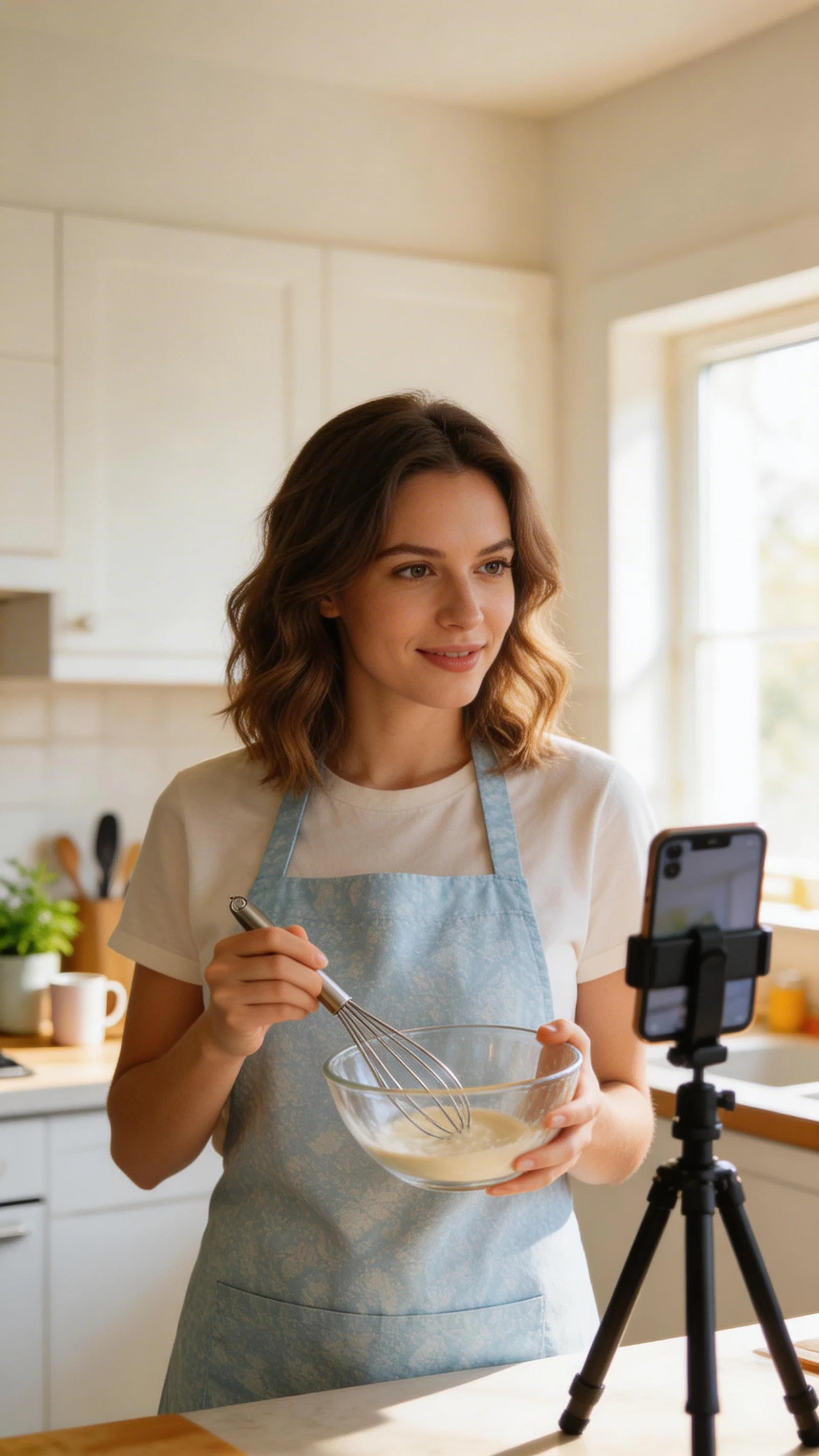 White woman filming quick recipe TikTok in bright kitchen with tripod