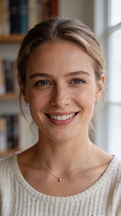 White woman headshot by bookshelf for professional Instagram photos