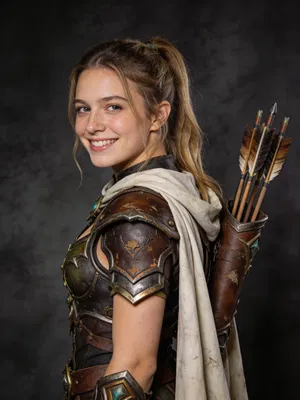 White woman hunter cosplay half-body portrait on dark studio backdrop.