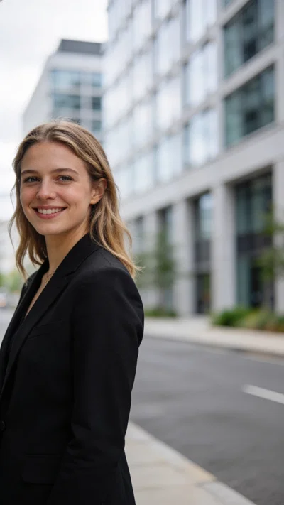 White woman in black blazer outdoors, modern business district headshot