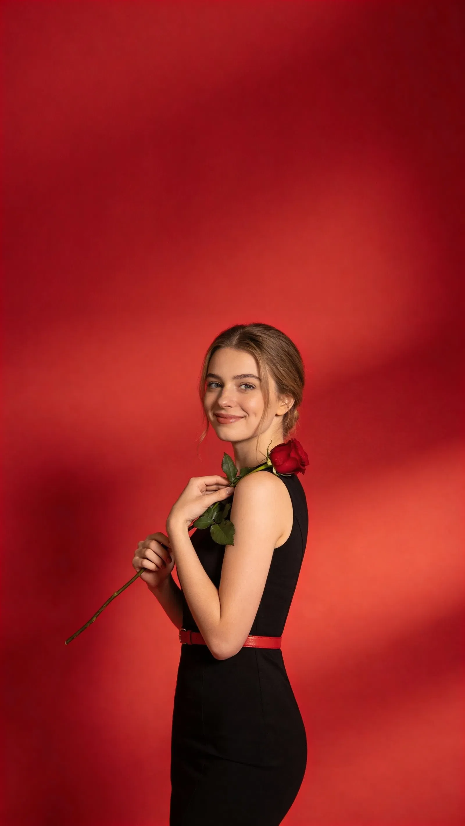 White woman in black dress with red belt holding a rose on red studio backdrop.
