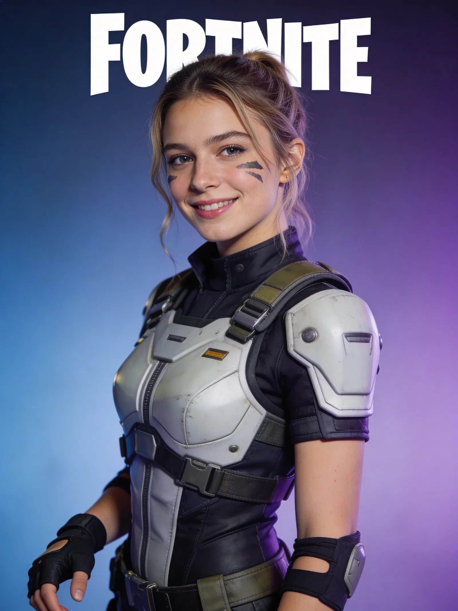 White woman in Fortnite-inspired tactical cosplay headshot, studio lighting