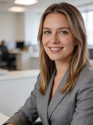 White woman in gray blazer in coworking space corporate headshot