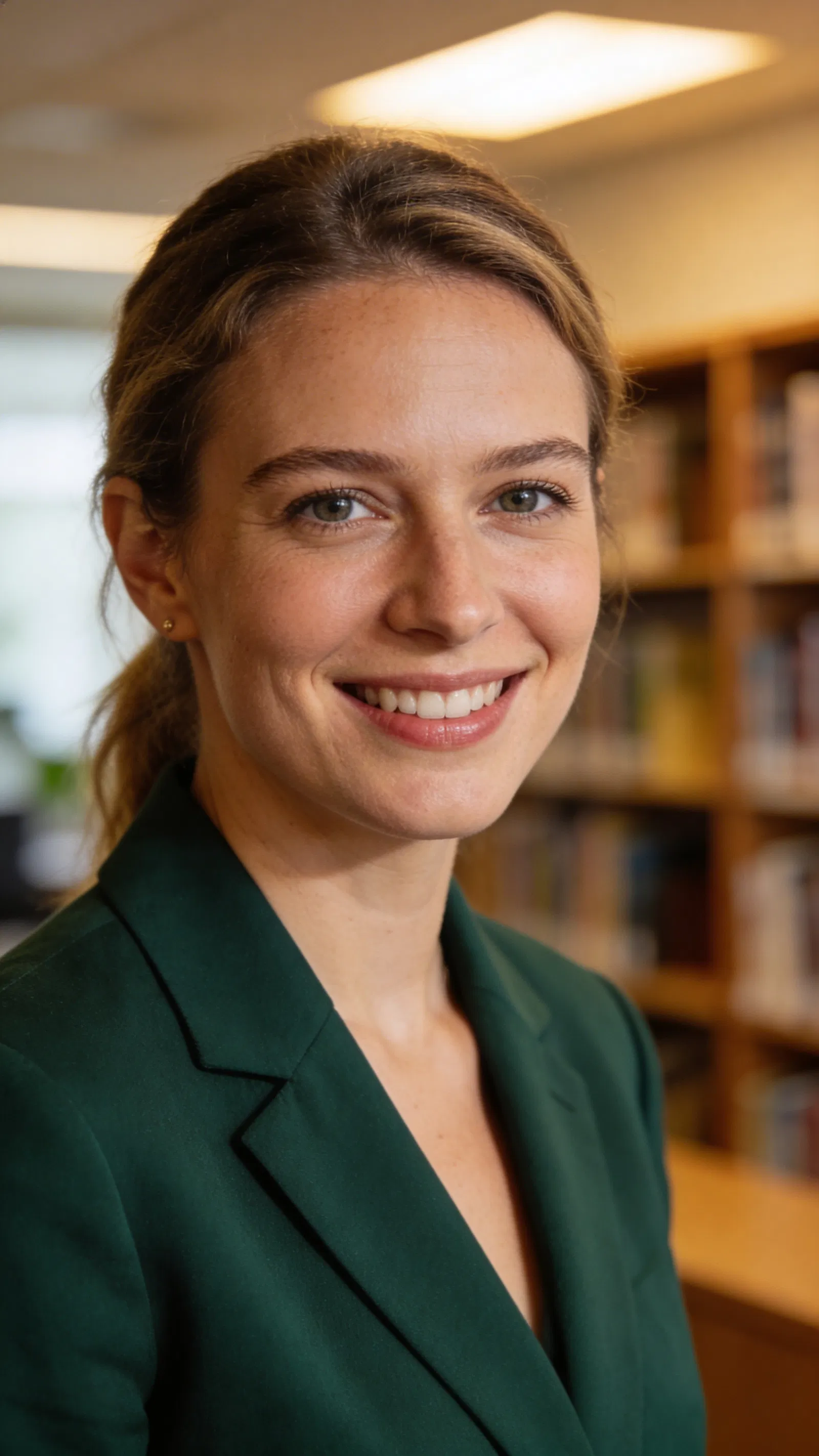 White woman in green blazer in office library setting corporate headshot