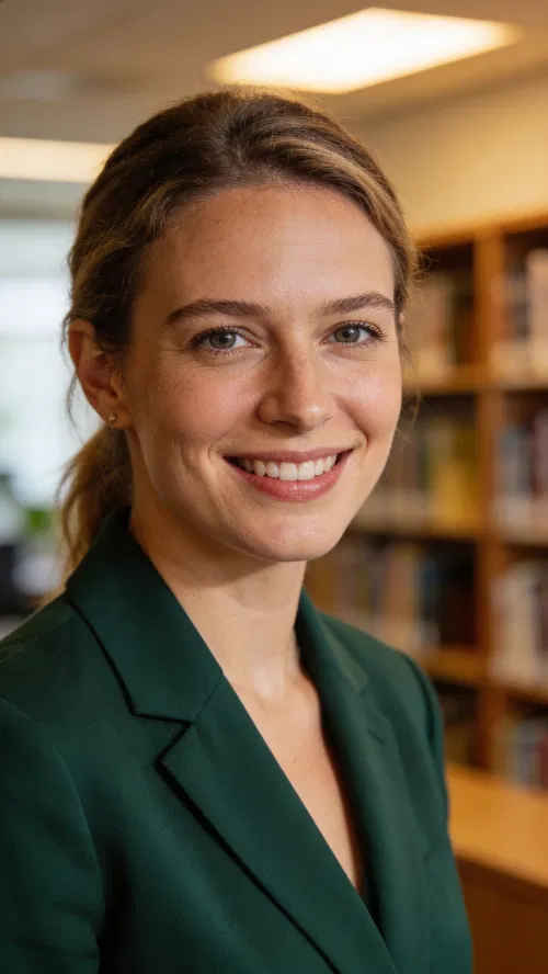 White woman in green blazer in office library setting corporate headshot