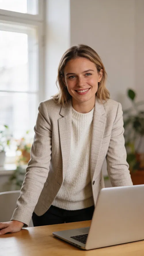 White woman in home office, smart casual half-body headshot generator look