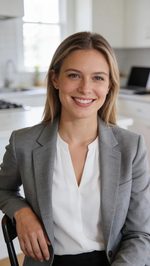 White woman in home workspace with natural light professional resume portrait