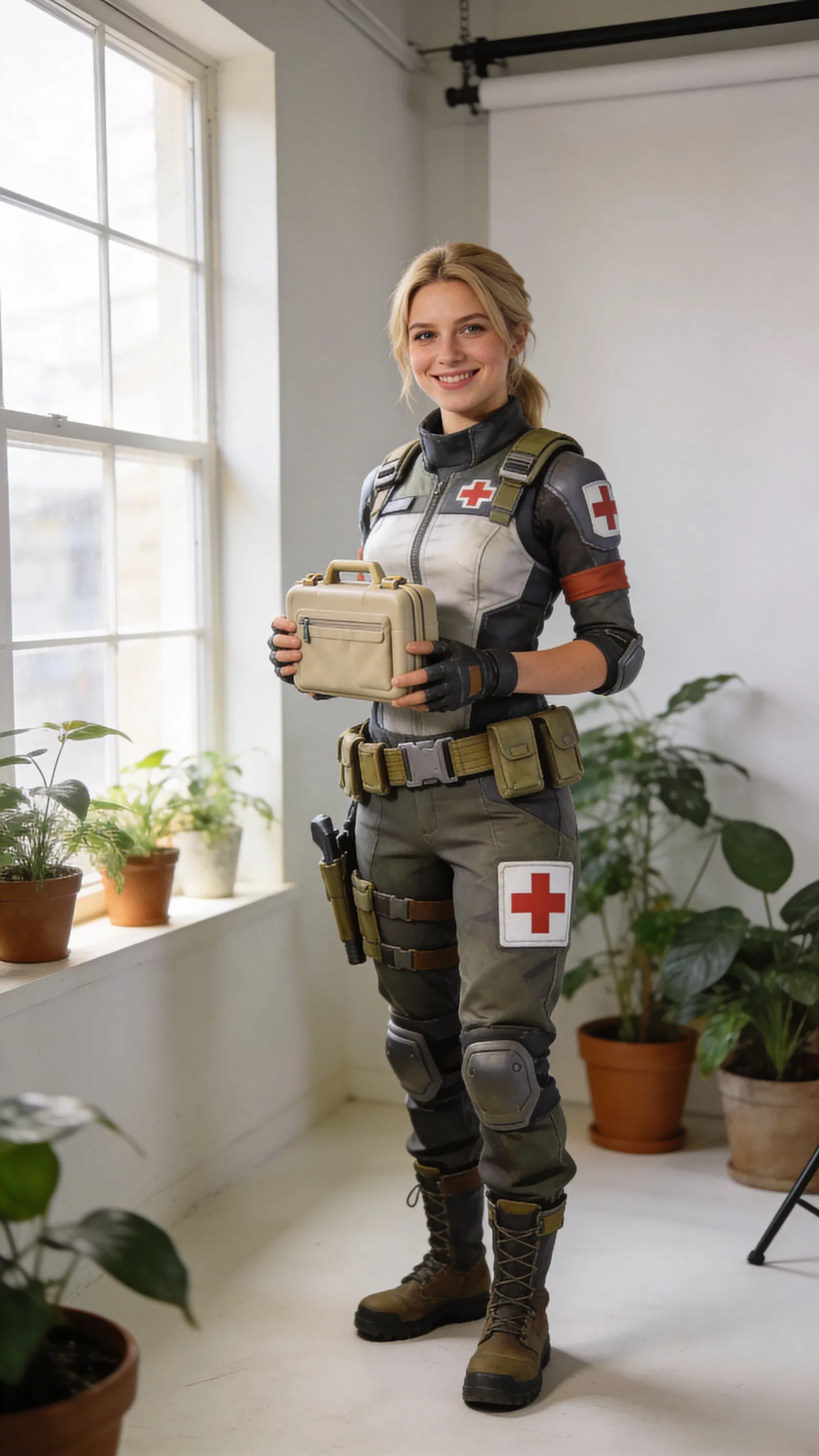 White woman in medic cosplay, bright studio environmental portrait