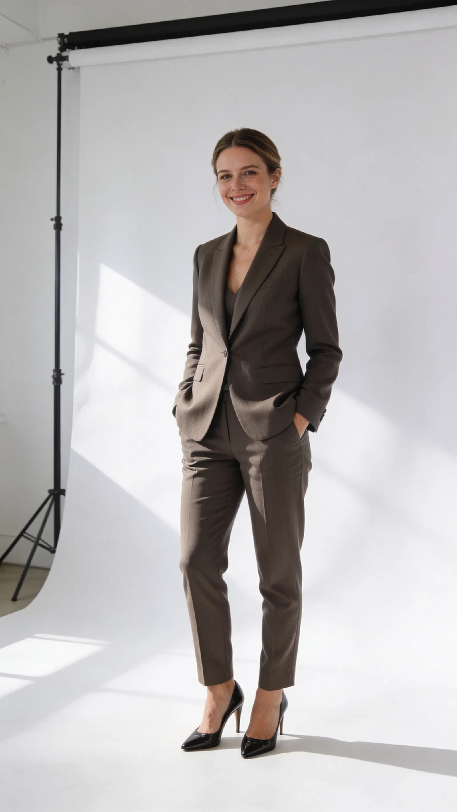 White woman in pantsuit full-body studio branding photo