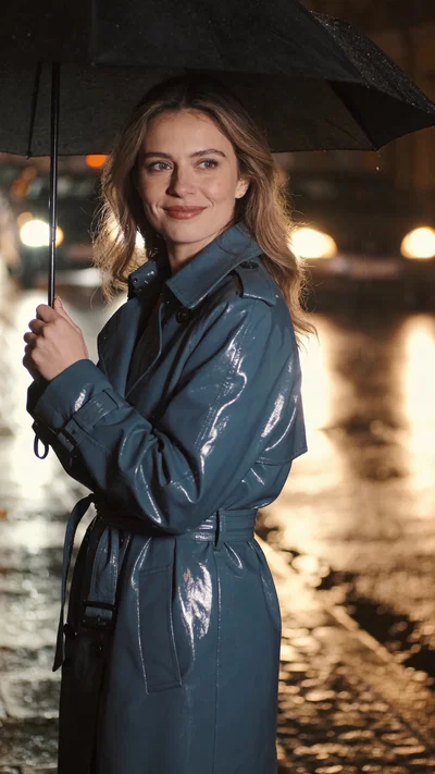 White woman in rainy street half-body editorial fashion portrait