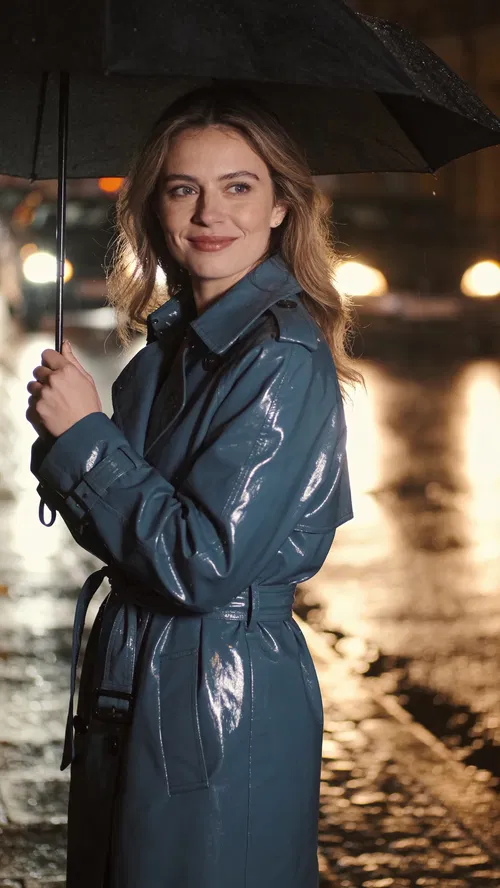 White woman in rainy street half-body editorial fashion portrait