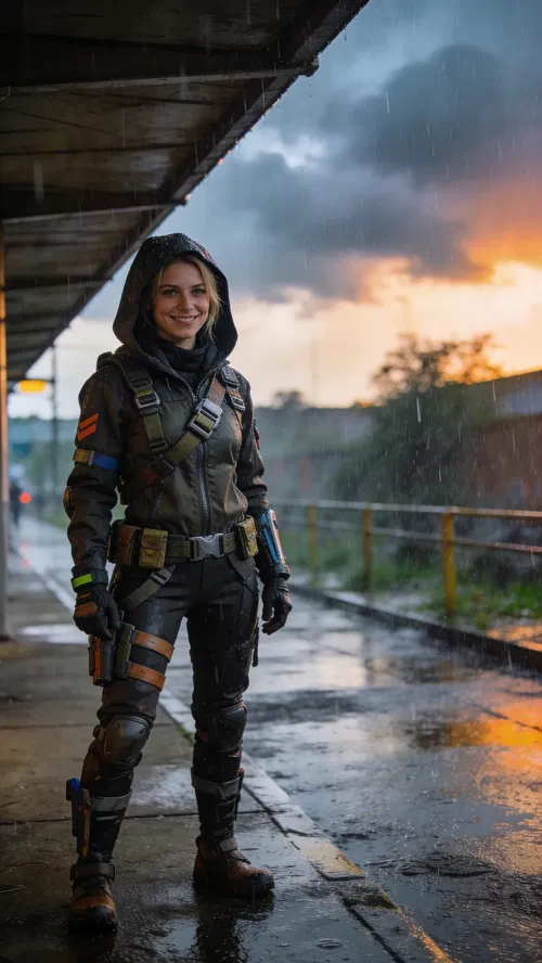 White woman in storm-chaser cosplay, moody rainy environmental portrait