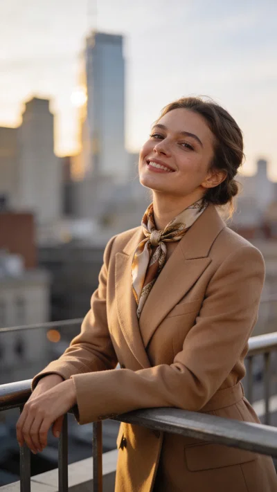 White woman leaning on railing in city with polished editorial glamour look