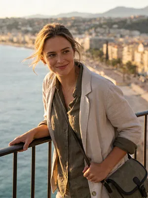 White woman on balcony at golden hour, travel lifestyle portrait.