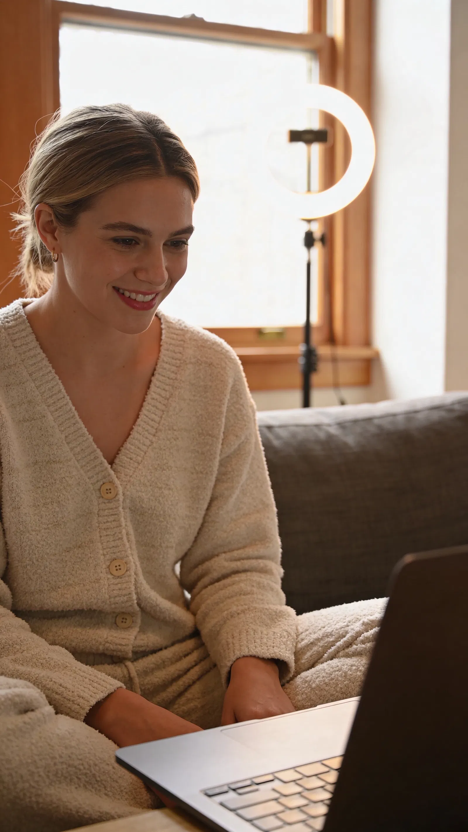 White woman on couch with laptop, warm at-home creator lifestyle portrait
