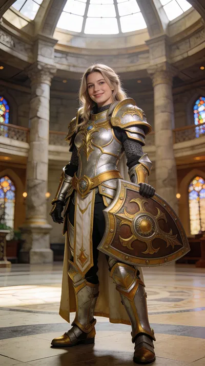 White woman paladin cosplay in grand hall, 3/4 body portrait.