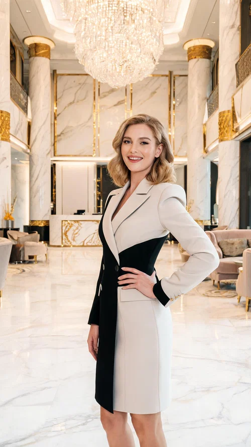 White woman posing in marble-and-gold Dubai hotel lobby, influencer portrait
