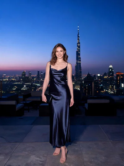 White woman rooftop lounge portrait with Burj Khalifa skyline behind her