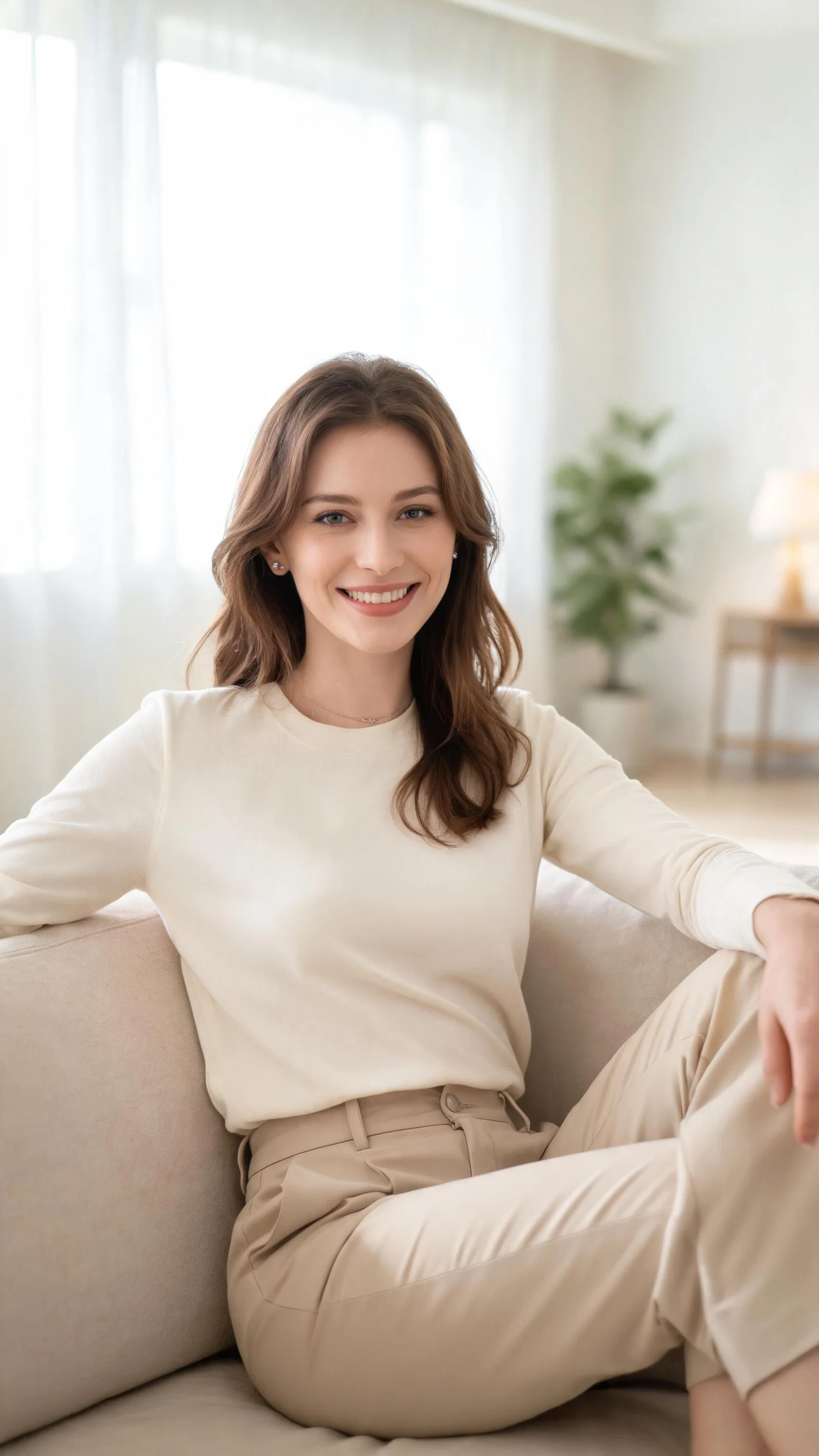 White woman sitting confidently in bright living room, posture-focused looksmaxxing lifestyle portrait