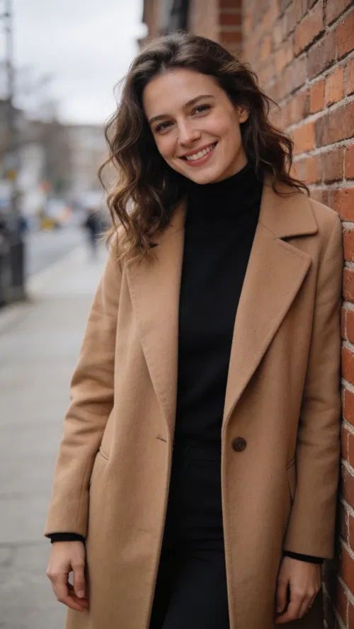 White woman urban half-body portrait leaning on brick wall in soft daylight