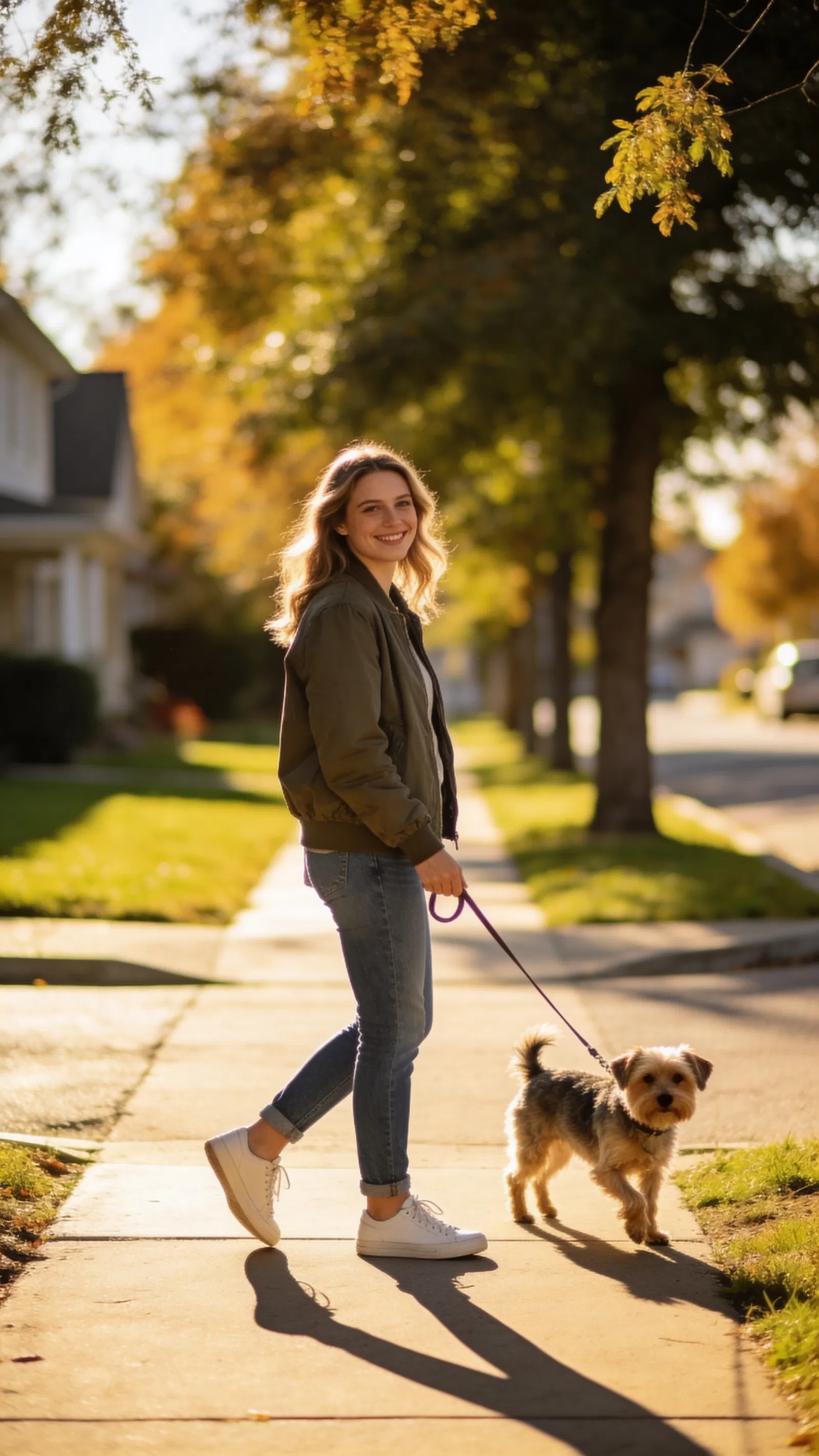 White woman walking dog on sunny sidewalk, candid dating profile full-body photo.