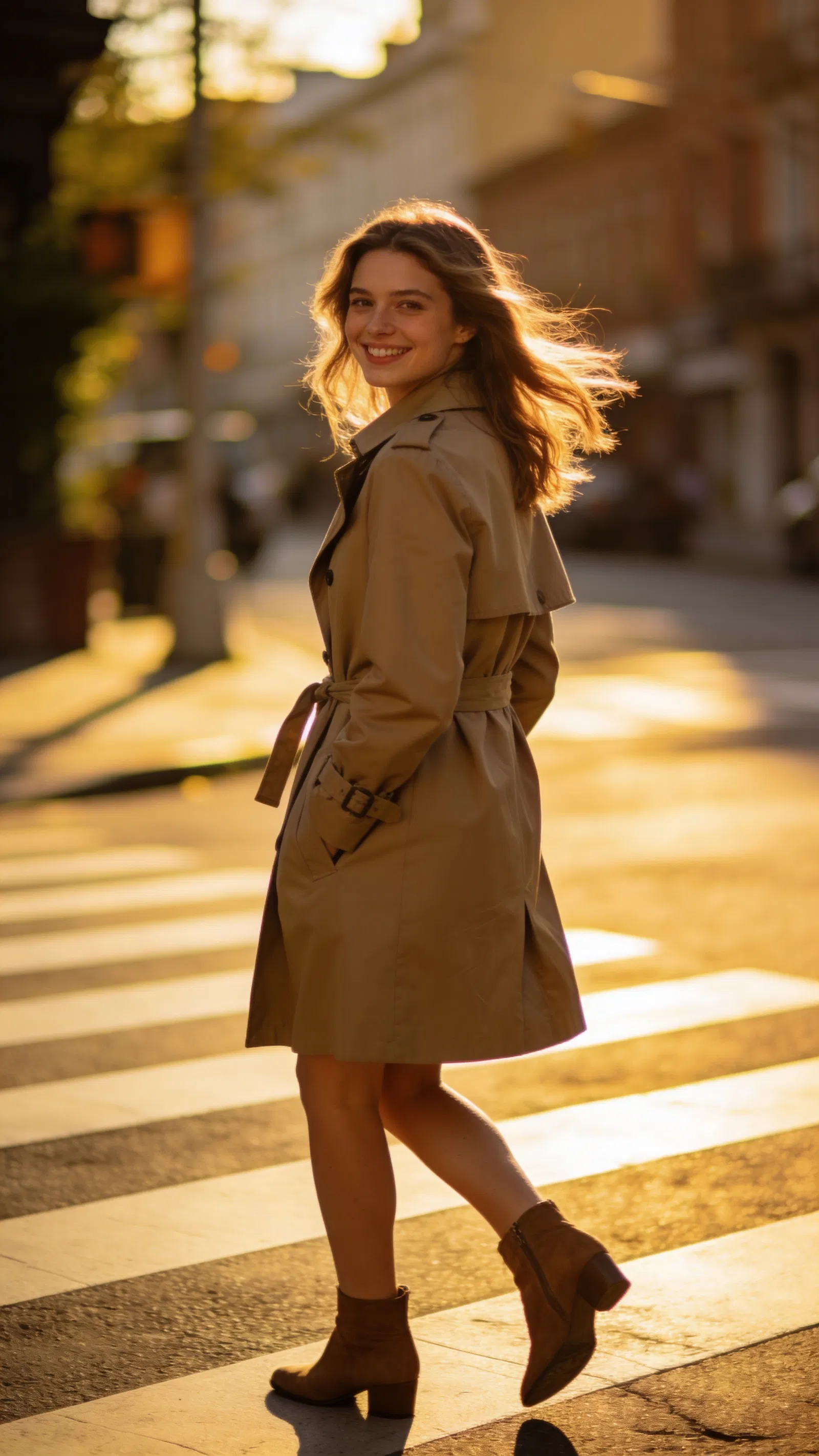 White woman walking in city golden-hour Instagram photoshoot