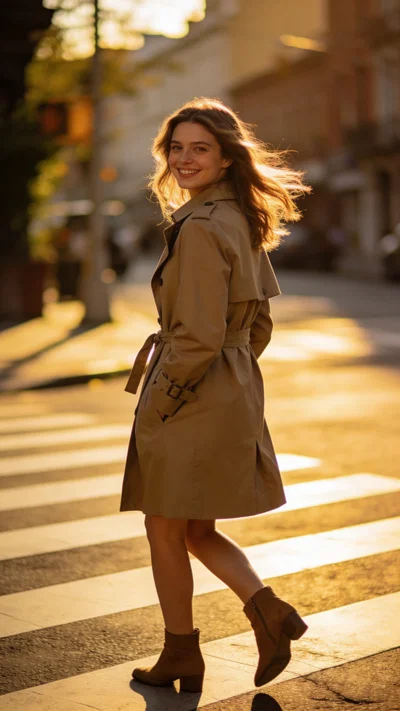 White woman walking in city golden-hour Instagram photoshoot